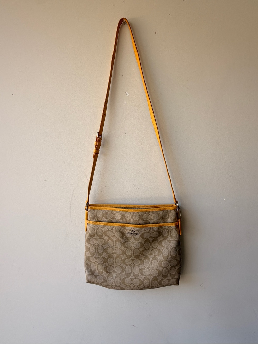 Coach Khaki Canvas Messenger Bag with Yellow Trim